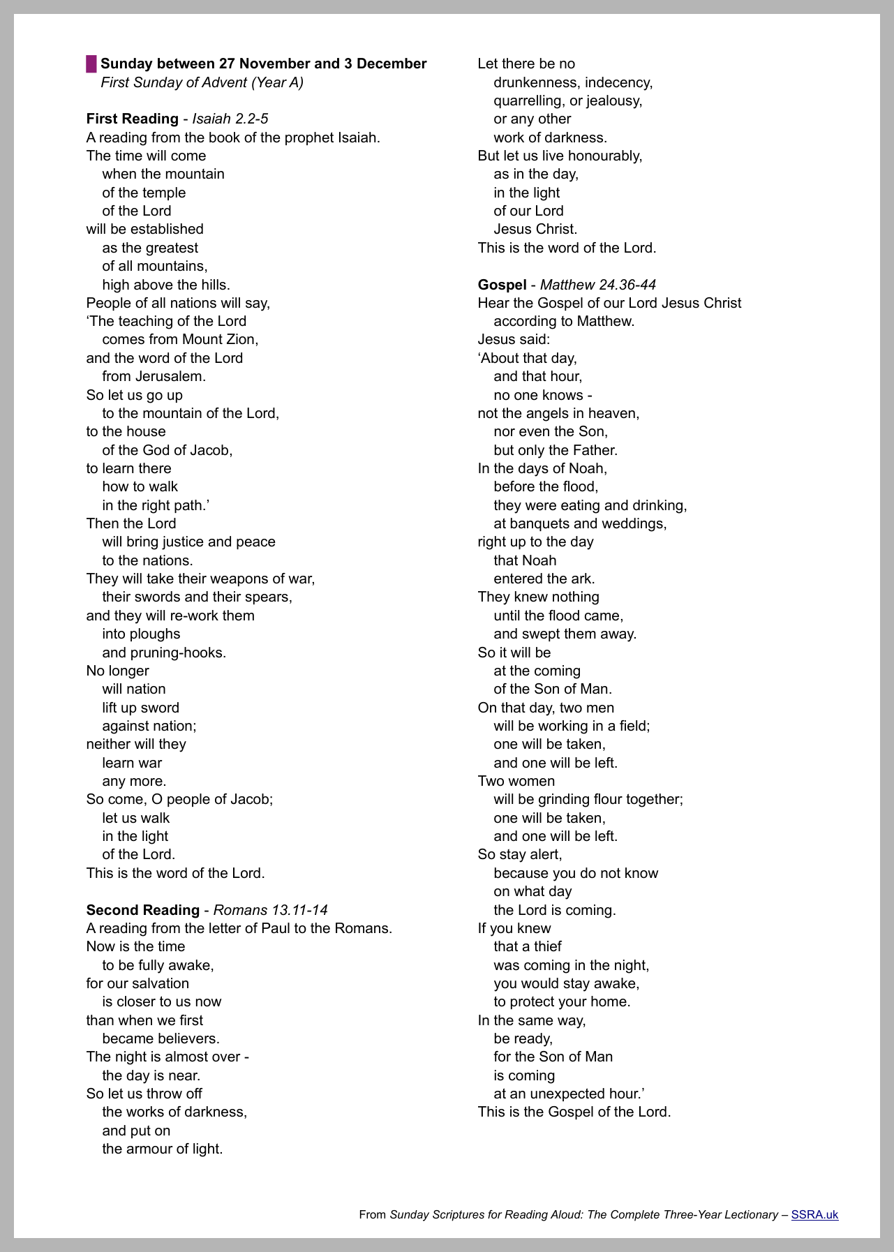 First Sunday of Advent (Year A) Lectionary Readings